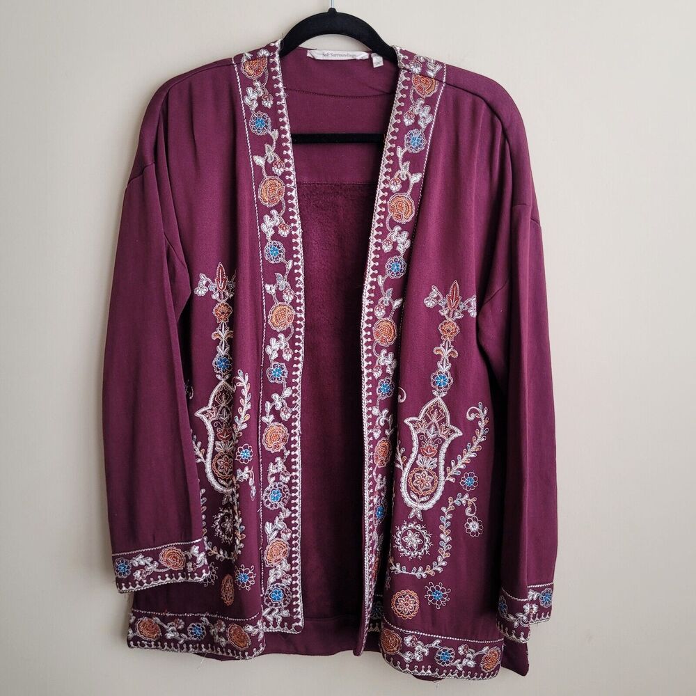 Soft Surroundings Womens Cardigan Sweater Size Large Maroon Embroidered Fleece